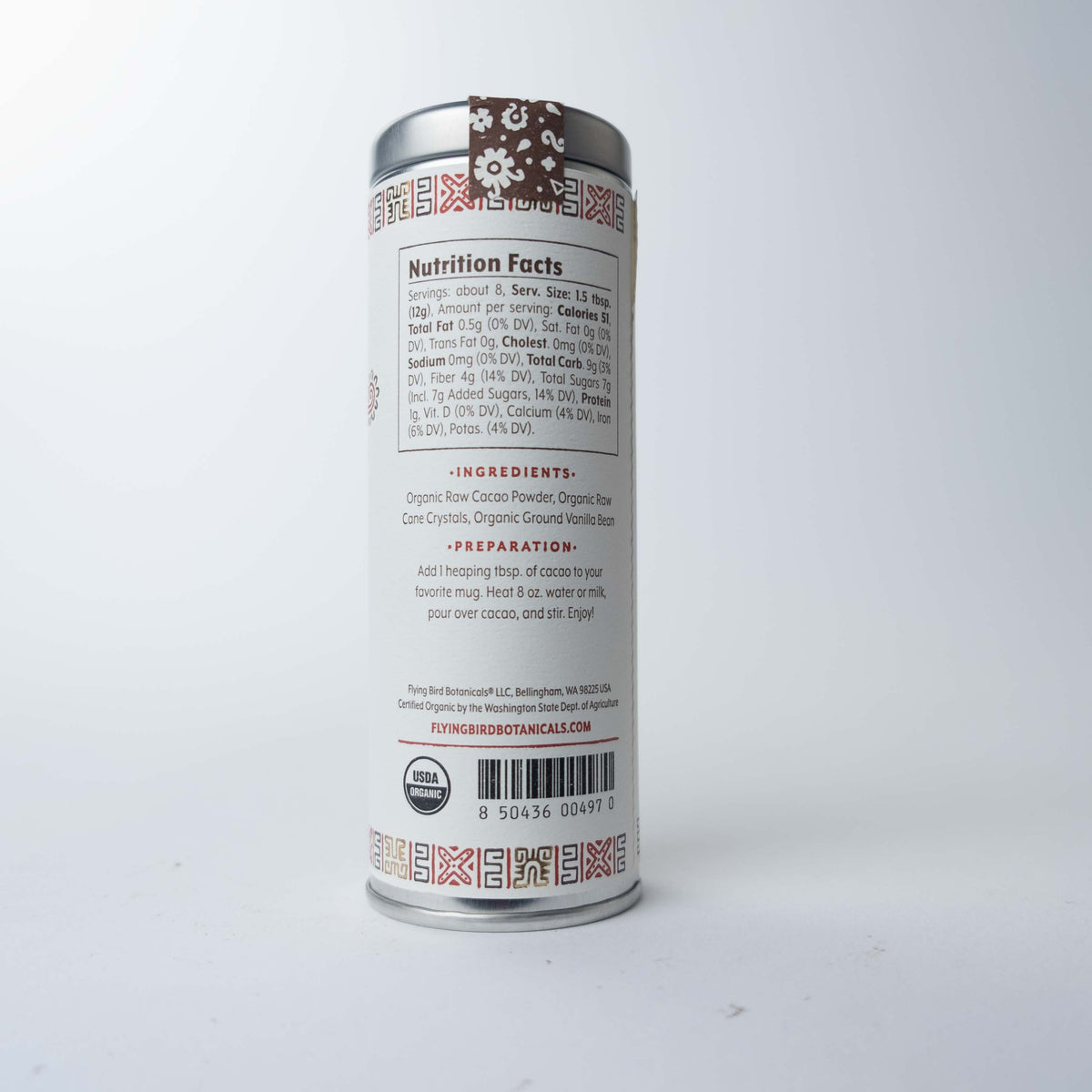 Back of Flying Bird Botanicals Cacao Dulce Drinking Chocolate