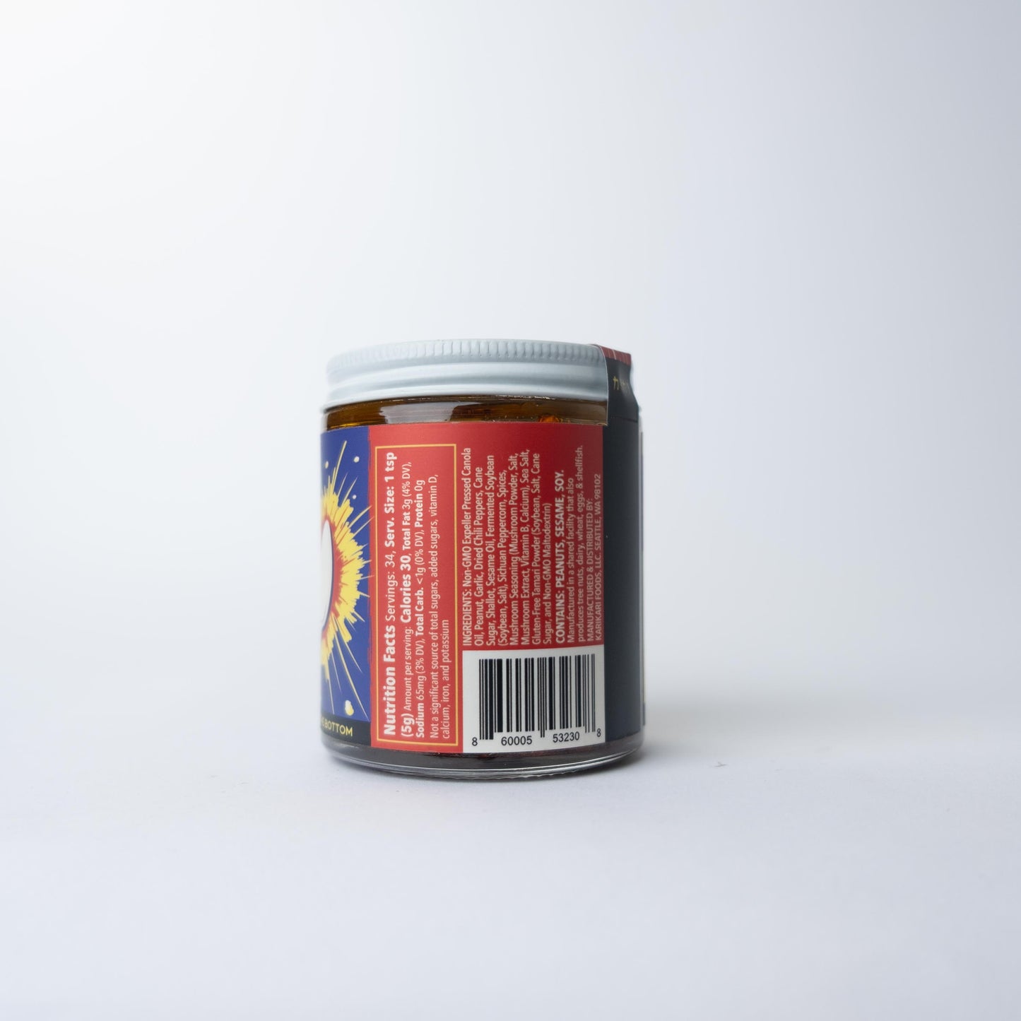 The back label of a KariKari chili crisp jar showing product details and a barcode on a white background.