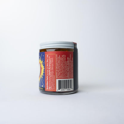 The back label of a KariKari chili crisp jar showing product details and a barcode on a white background.