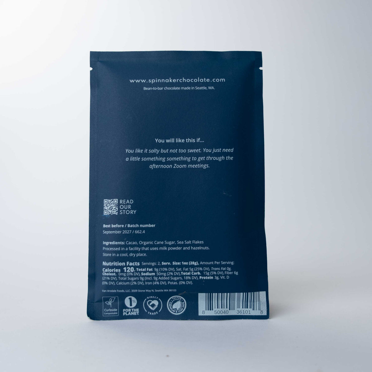 Back of Spinnaker Chocolate Madagascar Sea Salt Dark Chocolate Bar packaging